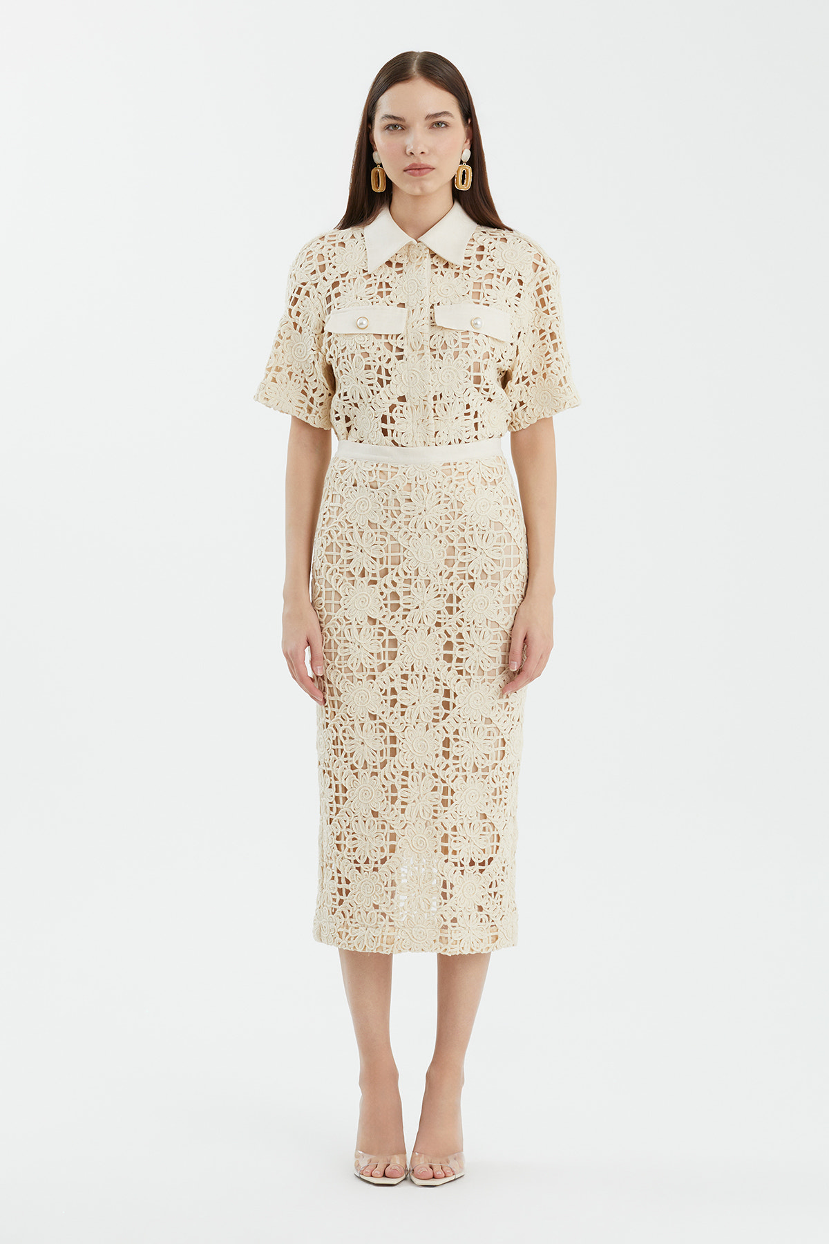 Yırtmaçlı Midi Ekru Kalem Etek