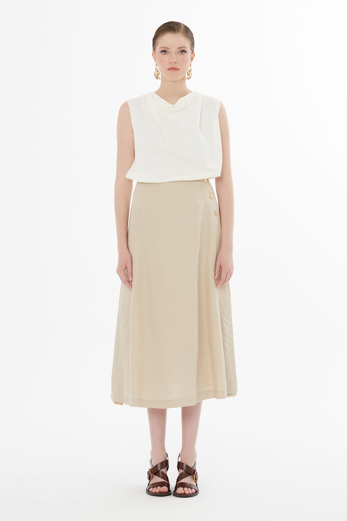 Düğme Kapamalı Maxi Bej Etek