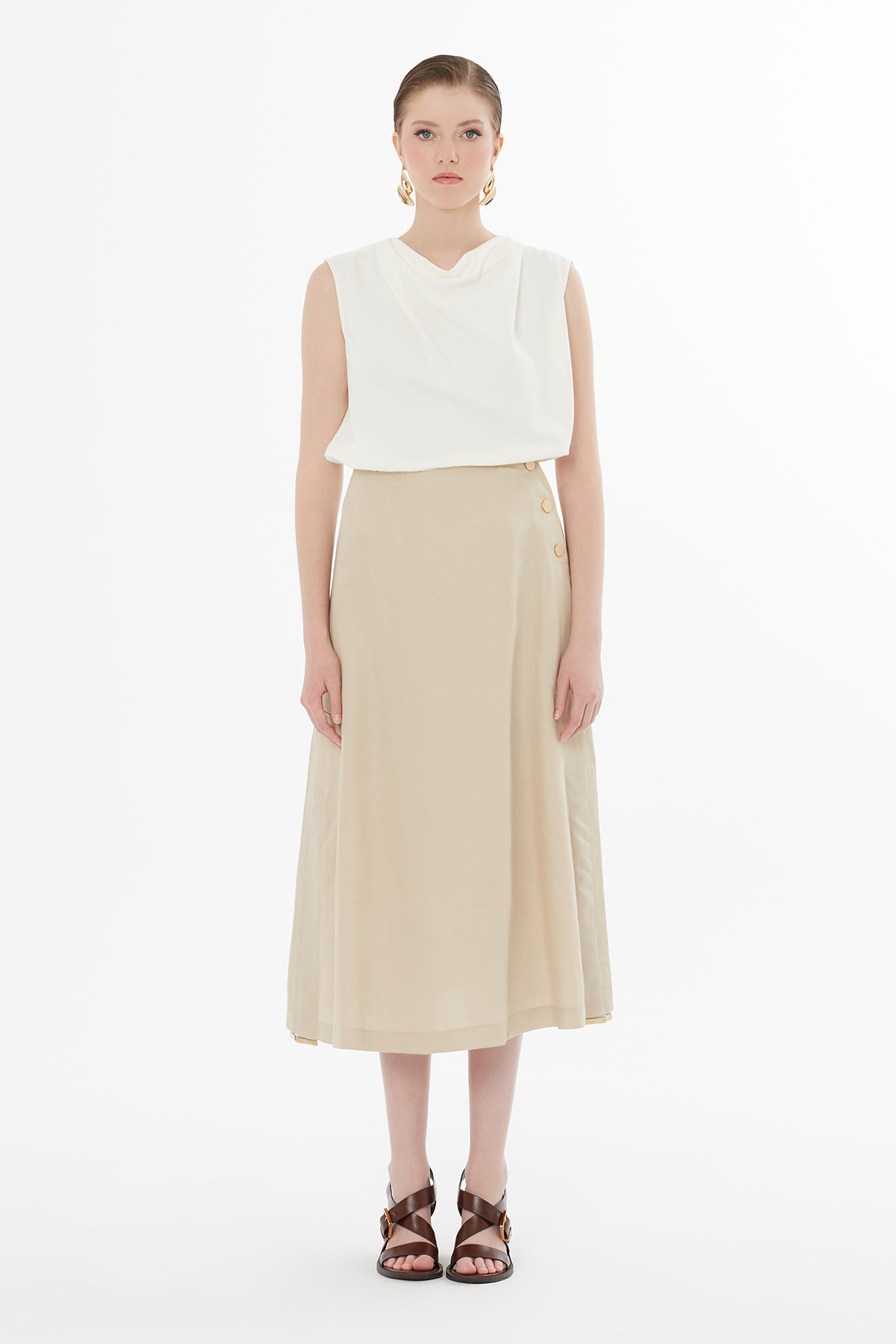 Düğme Kapamalı Maxi Bej Etek