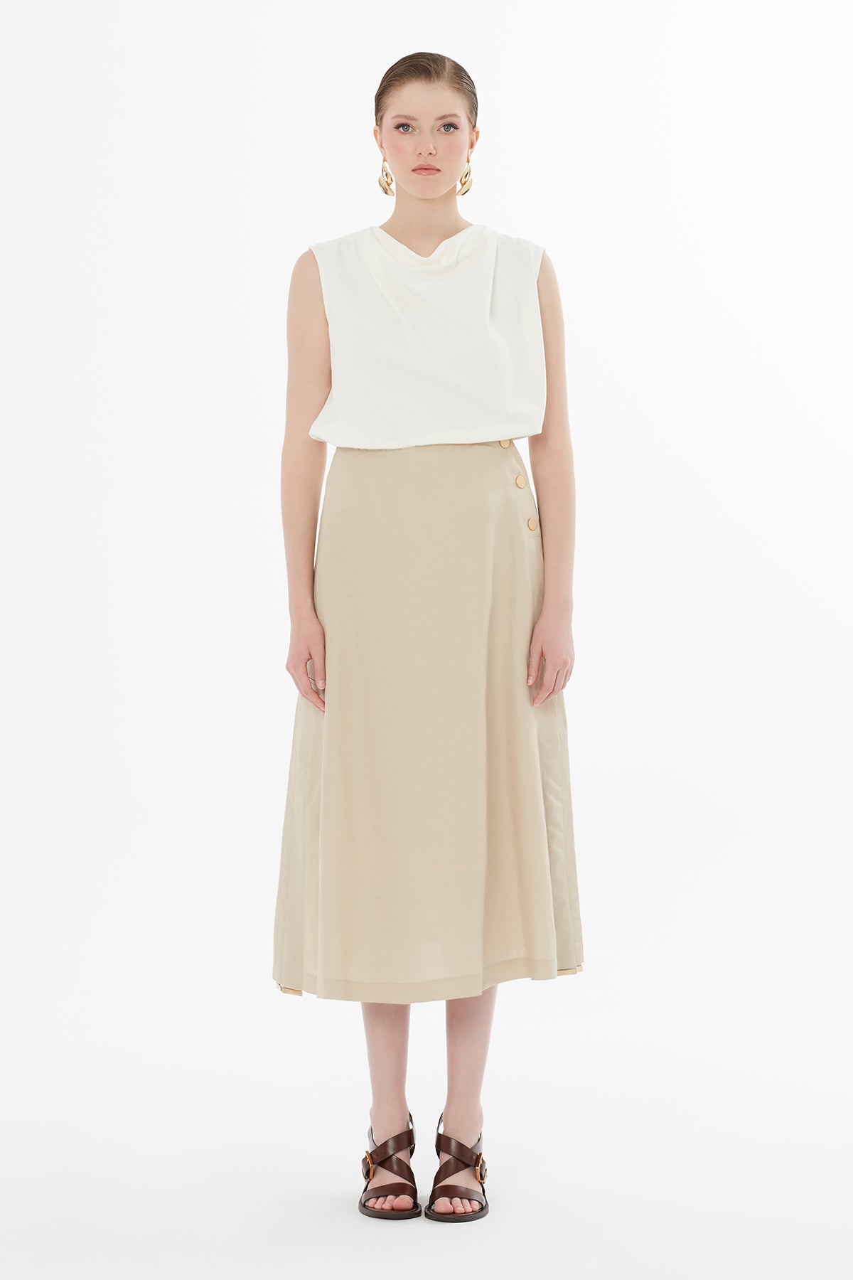 Düğme Kapamalı Maxi Bej Etek