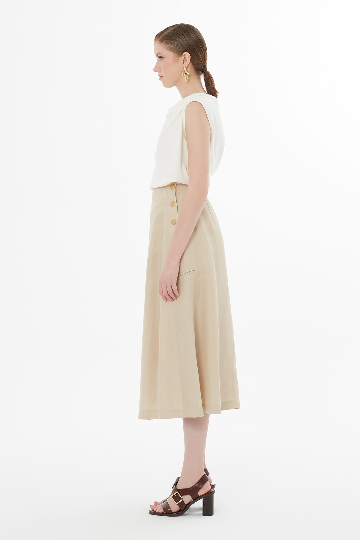Düğme Kapamalı Maxi Bej Etek