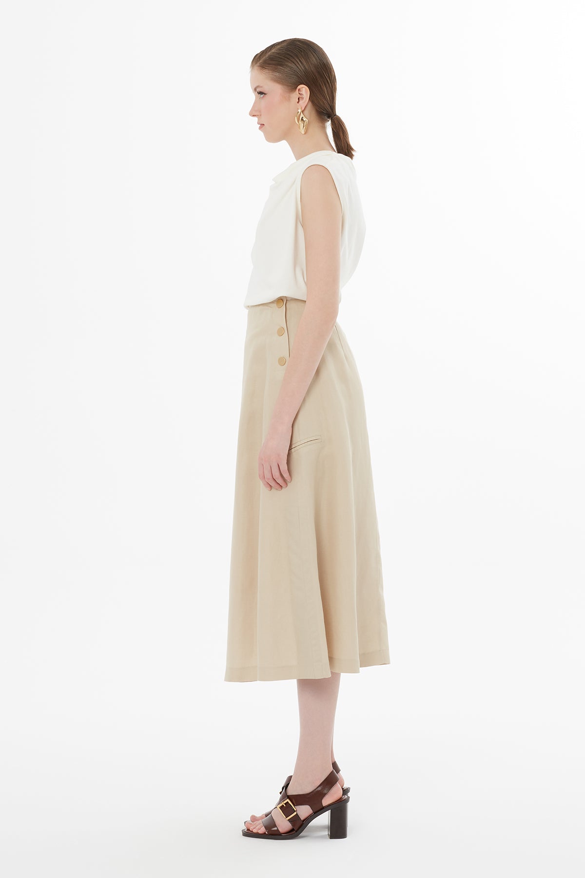 Düğme Kapamalı Maxi Bej Etek
