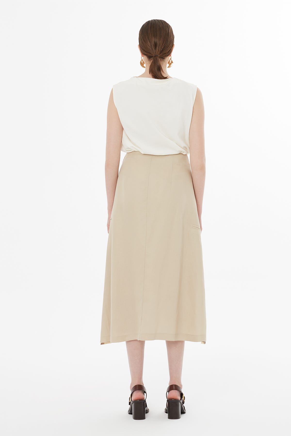 Düğme Kapamalı Maxi Bej Etek