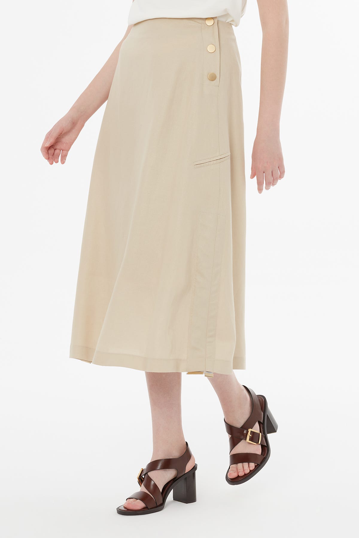 Düğme Kapamalı Maxi Bej Etek
