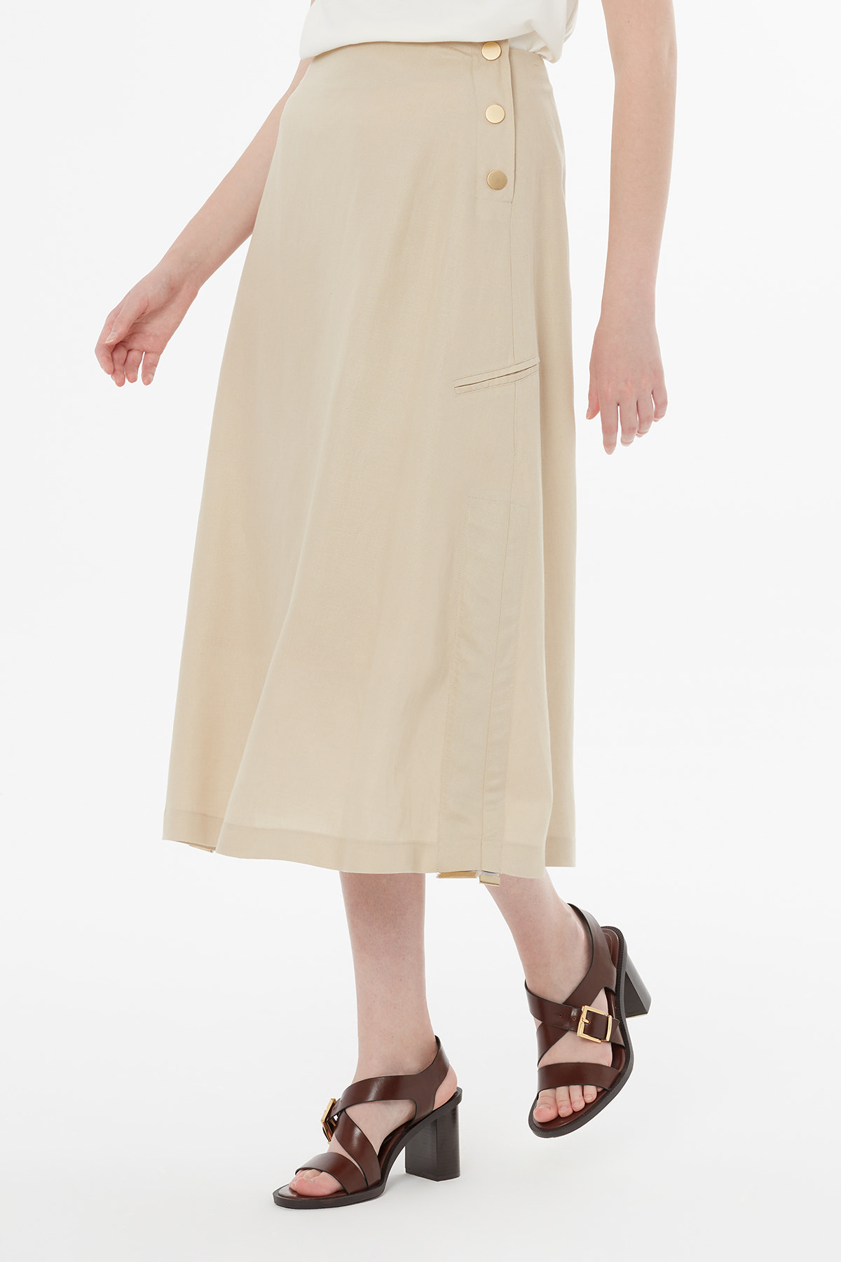 Düğme Kapamalı Maxi Bej Etek