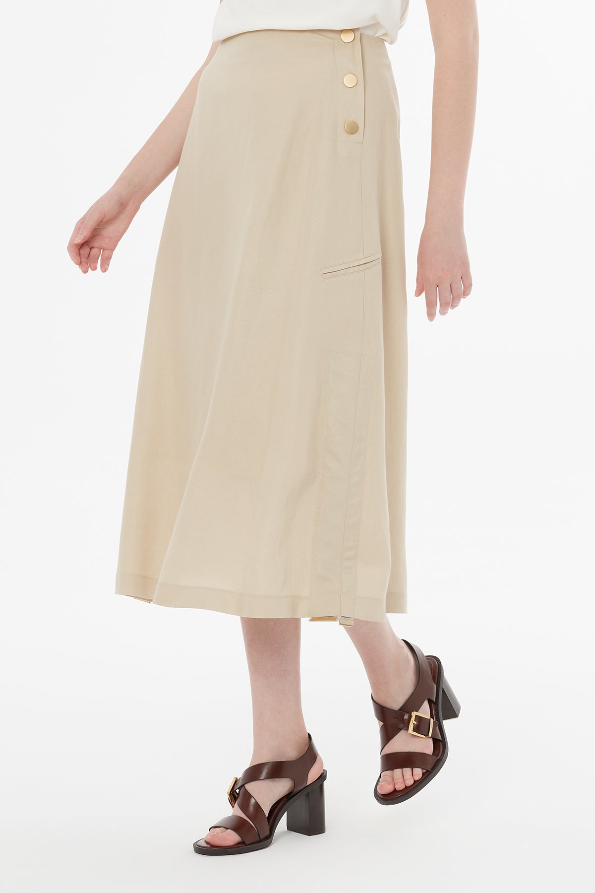 Düğme Kapamalı Maxi Bej Etek