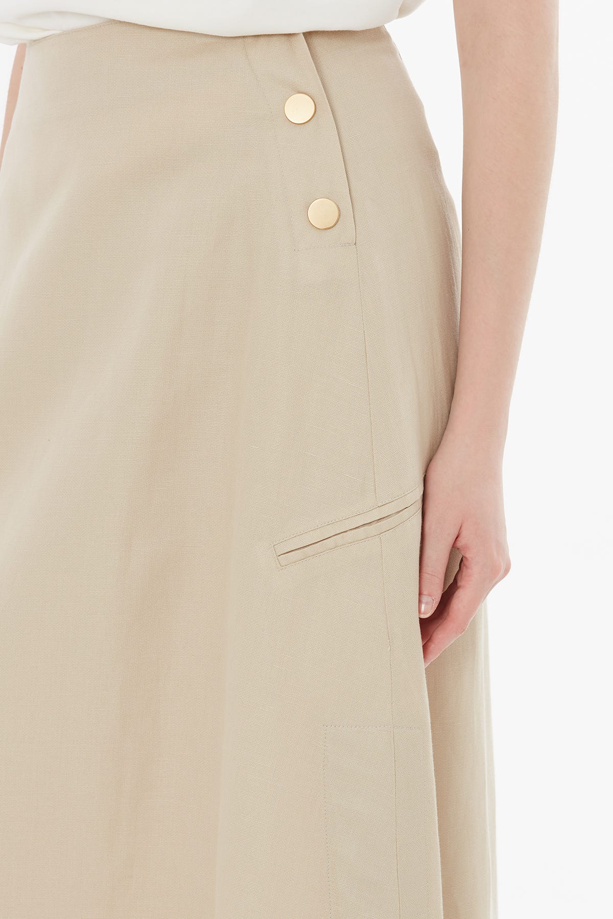 Düğme Kapamalı Maxi Bej Etek