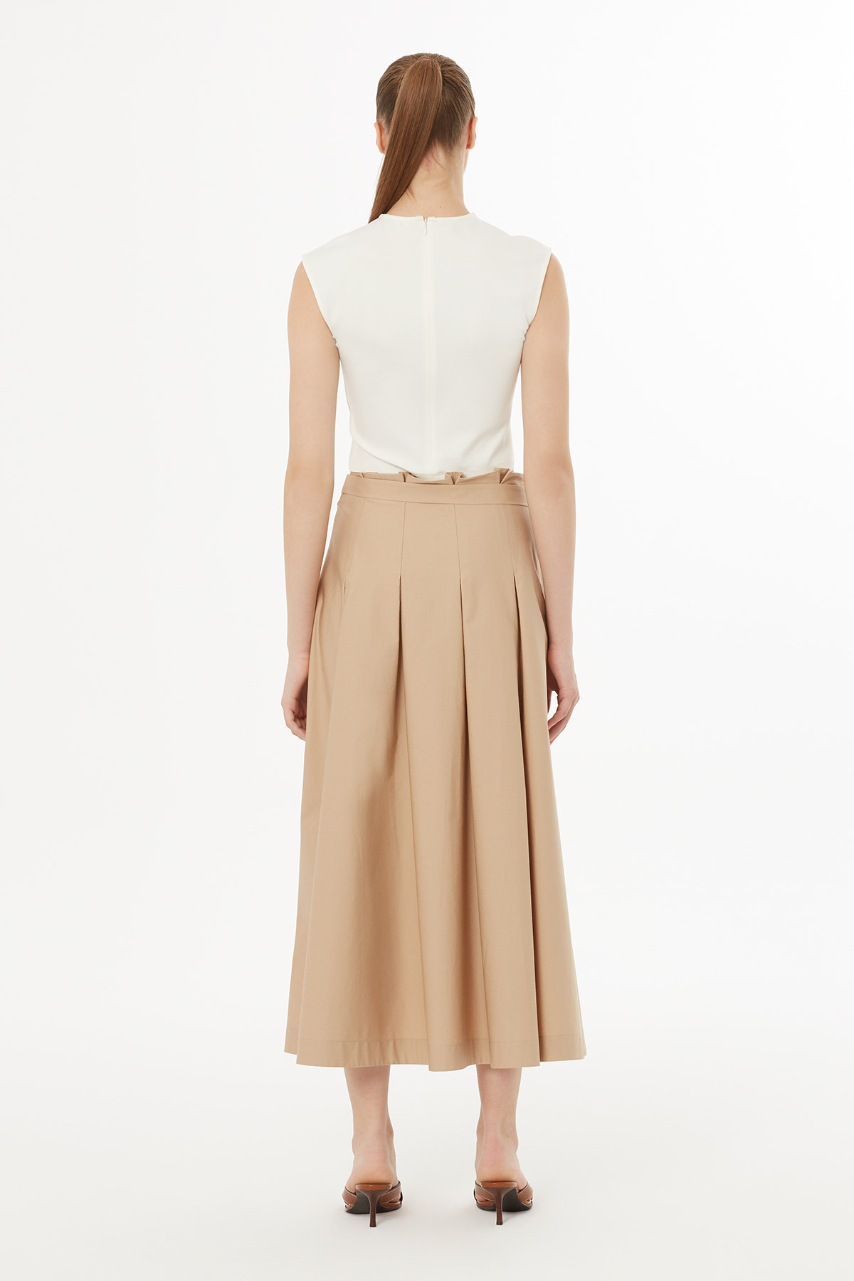 Yandan Fermuarlı Pili Katlamalı Bej Etek