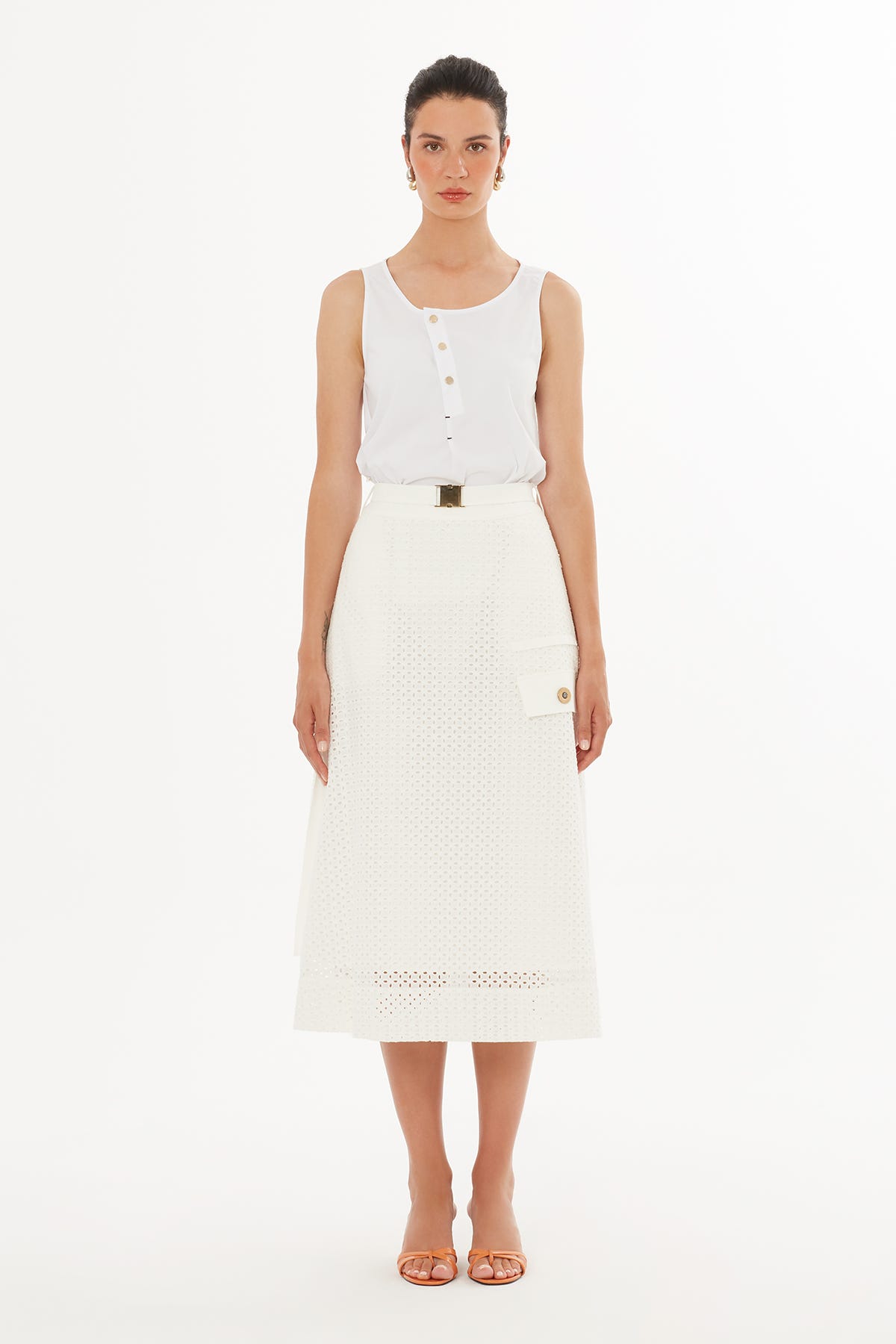 Kemerli Yanlardan Yırtmaçlı Ekru Midi Etek