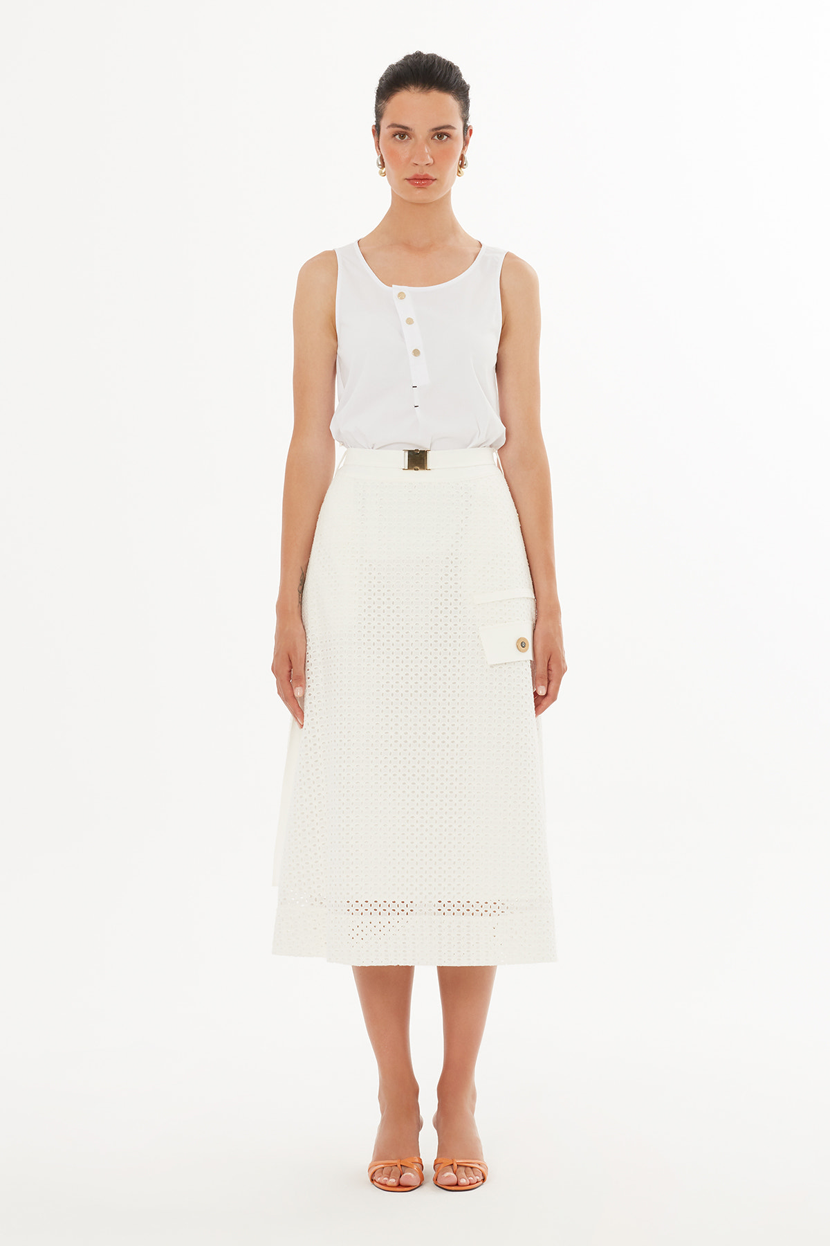 Kemerli Yanlardan Yırtmaçlı Ekru Midi Etek