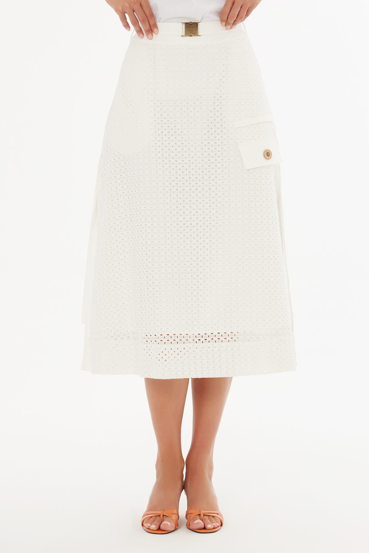 Kemerli Yanlardan Yırtmaçlı Ekru Midi Etek