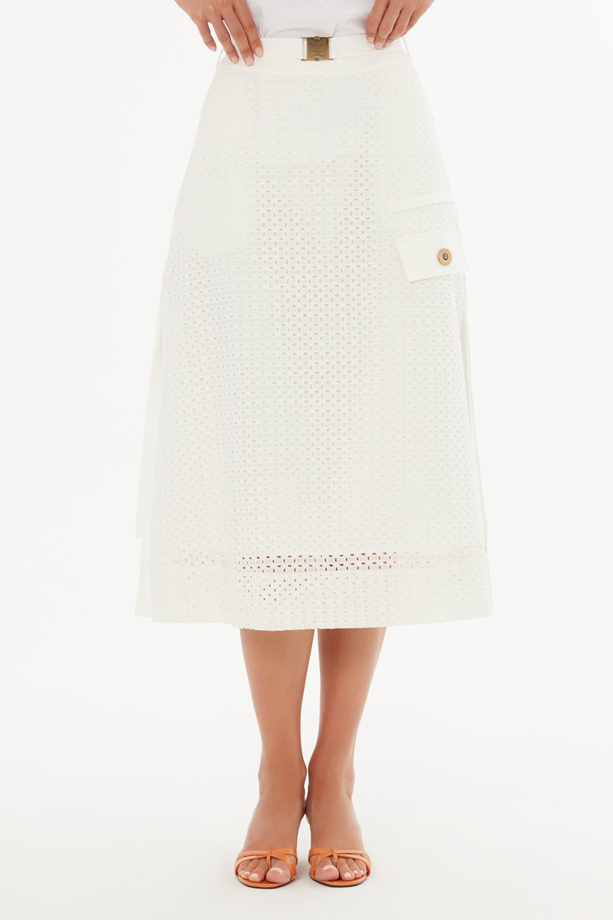 Kemerli Yanlardan Yırtmaçlı Ekru Midi Etek