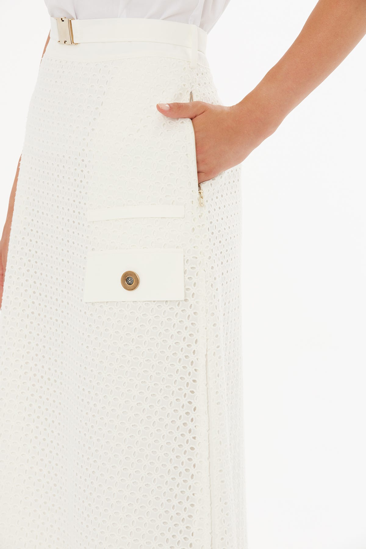 Kemerli Yanlardan Yırtmaçlı Ekru Midi Etek