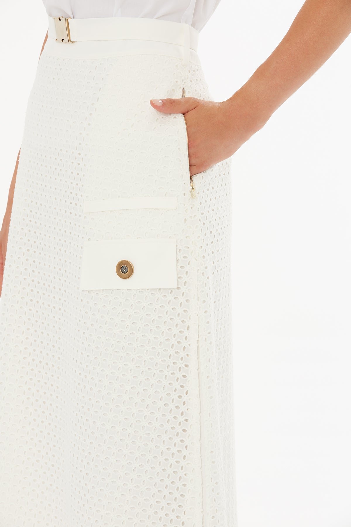 Kemerli Yanlardan Yırtmaçlı Ekru Midi Etek