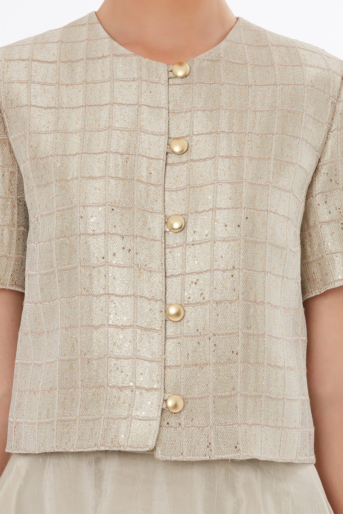 Düğme Kapamalı Desenli Bej Kısa Ceket