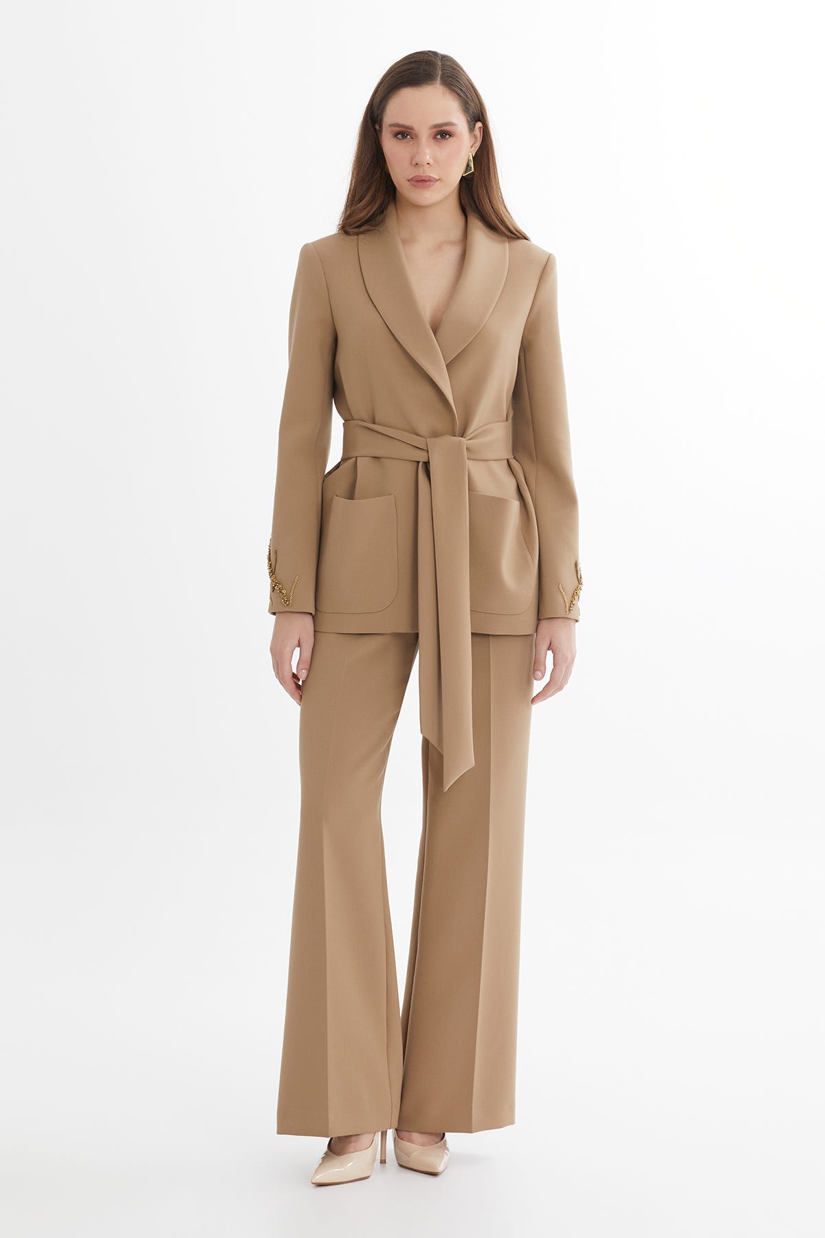 Boncuk İşleme Detaylı Kadın Kahverengi Ceket