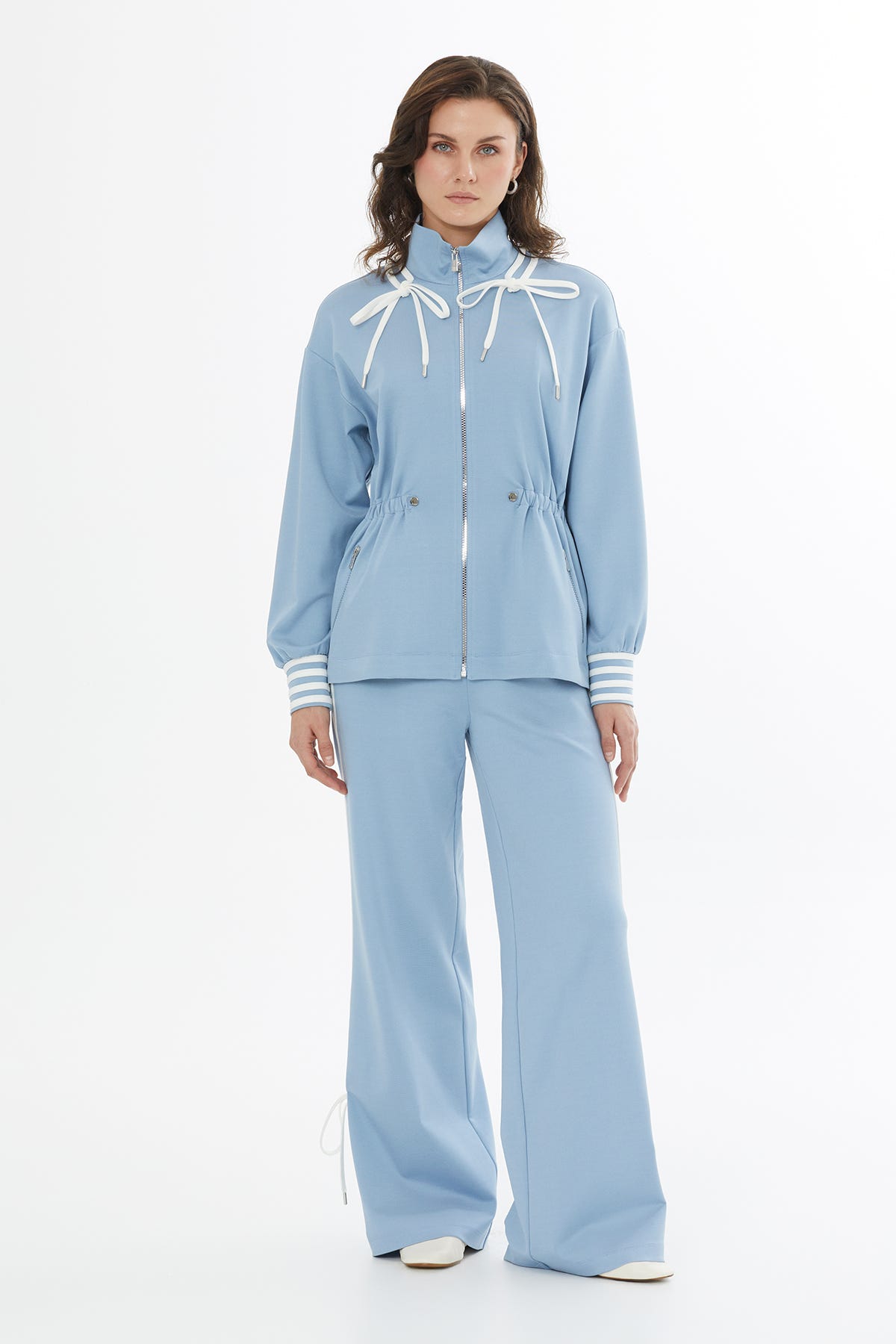 Beli Büzgülü Fermuarlı Mavi Ceket