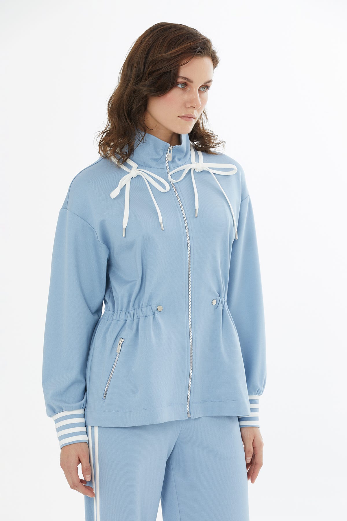 Beli Büzgülü Fermuarlı Mavi Ceket