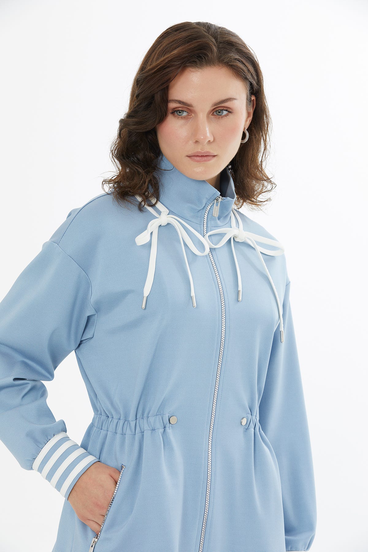 Beli Büzgülü Fermuarlı Mavi Ceket