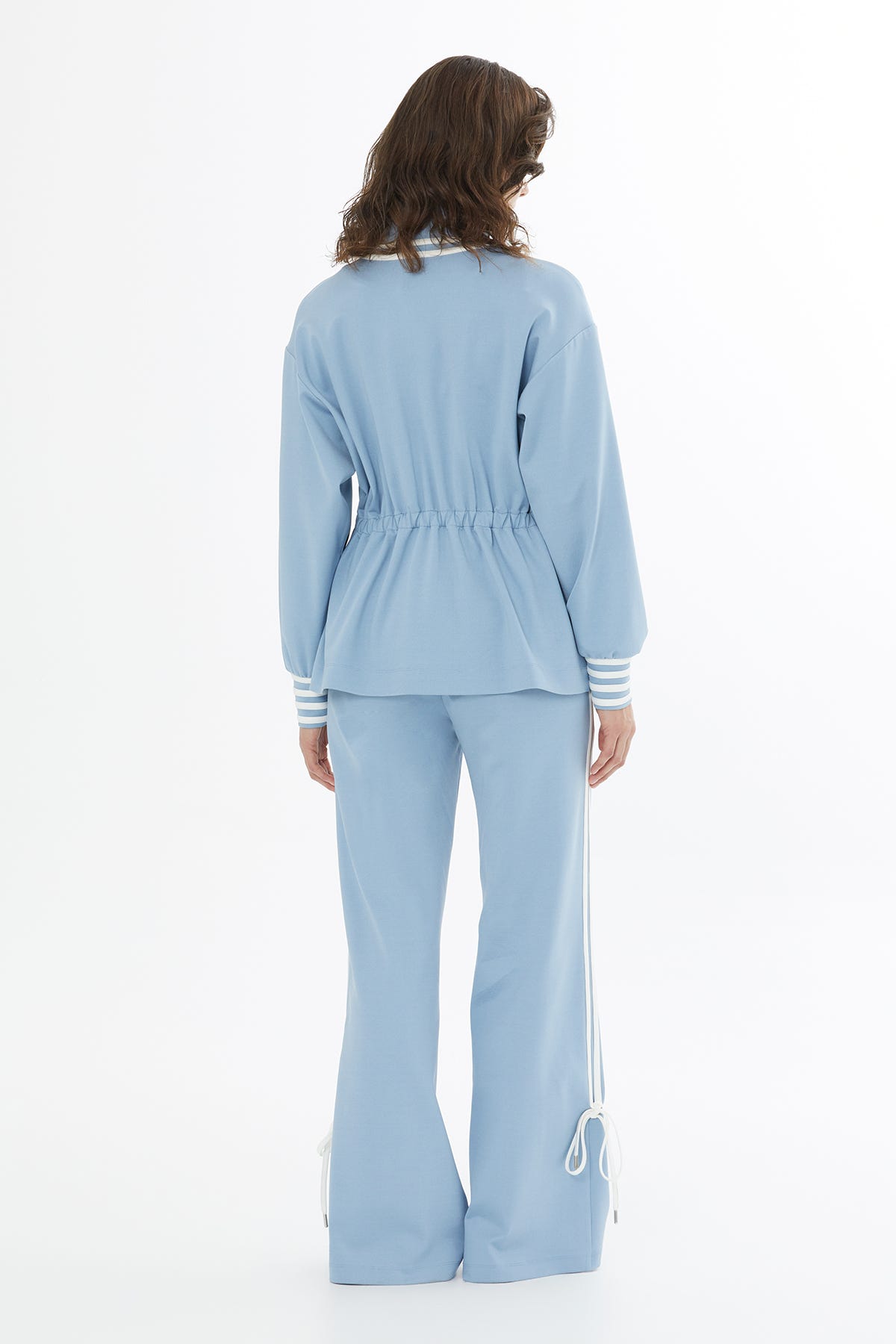 Beli Büzgülü Fermuarlı Mavi Ceket