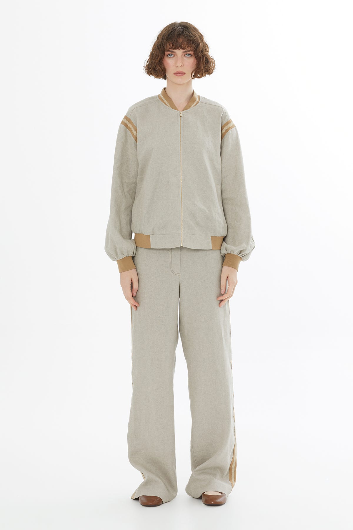 Fermuarlı Keten Bej Ceket