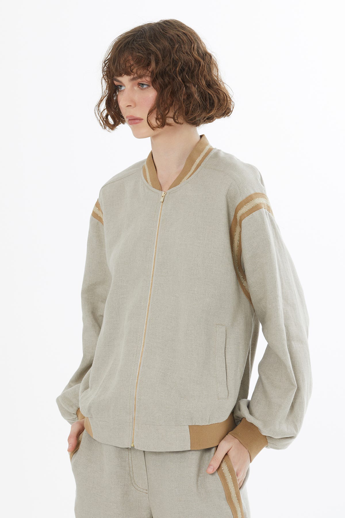 Fermuarlı Keten Bej Ceket