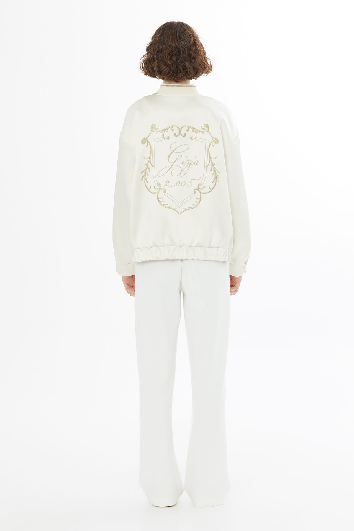 İşleme Detaylı Saten Bomber Ekru Ceket