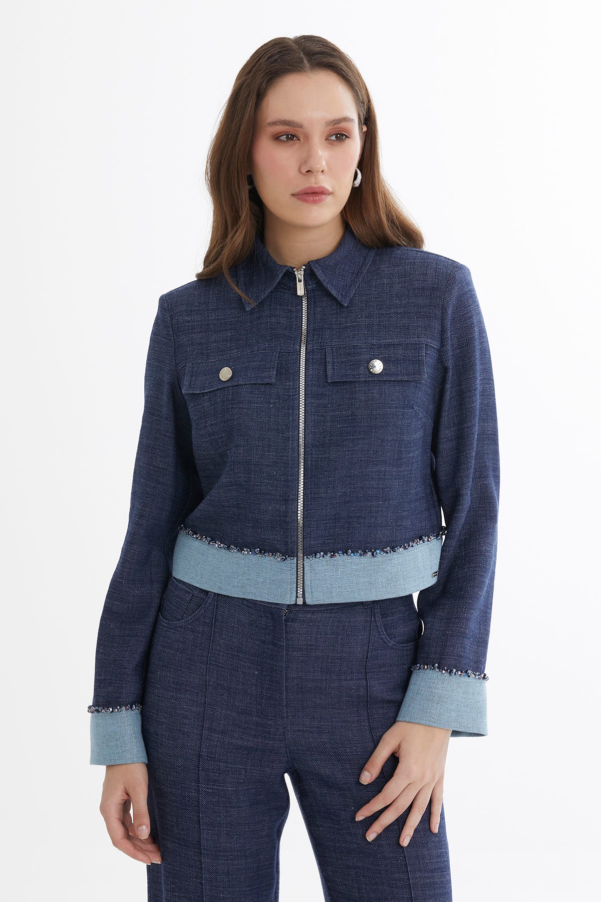 İşleme Detaylı Mavi Keten Ceket