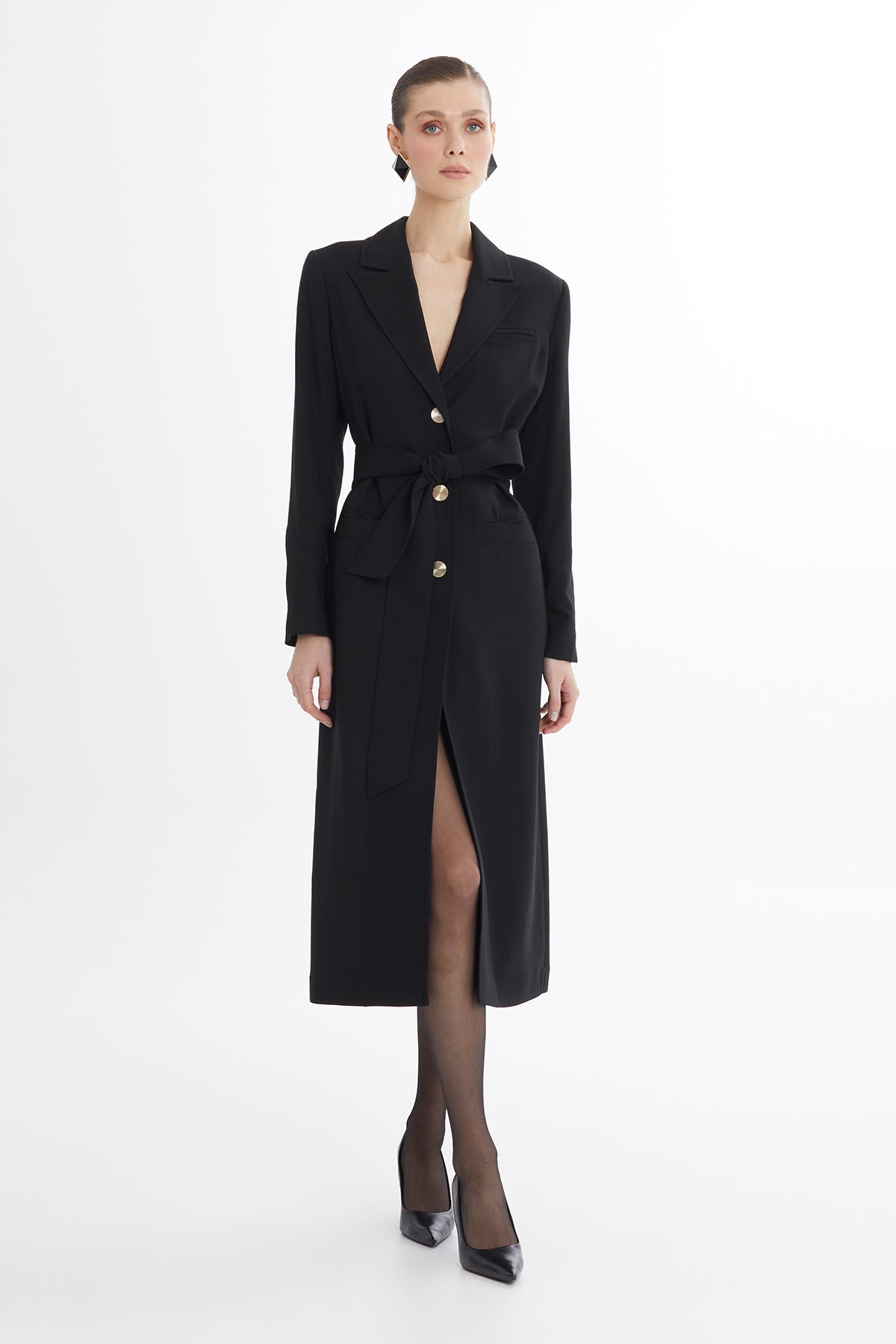 Kuşaklı Yün Karışımlı Siyah Keten Ceket