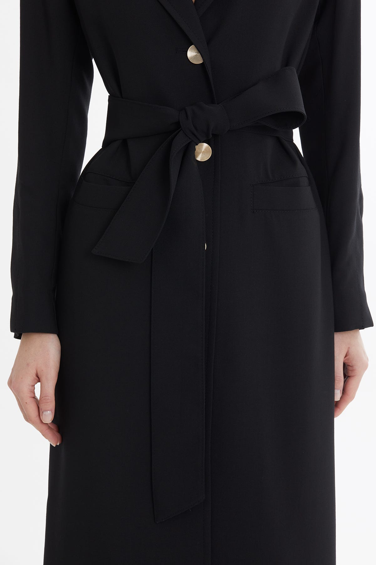 Kuşaklı Yün Karışımlı Siyah Keten Ceket