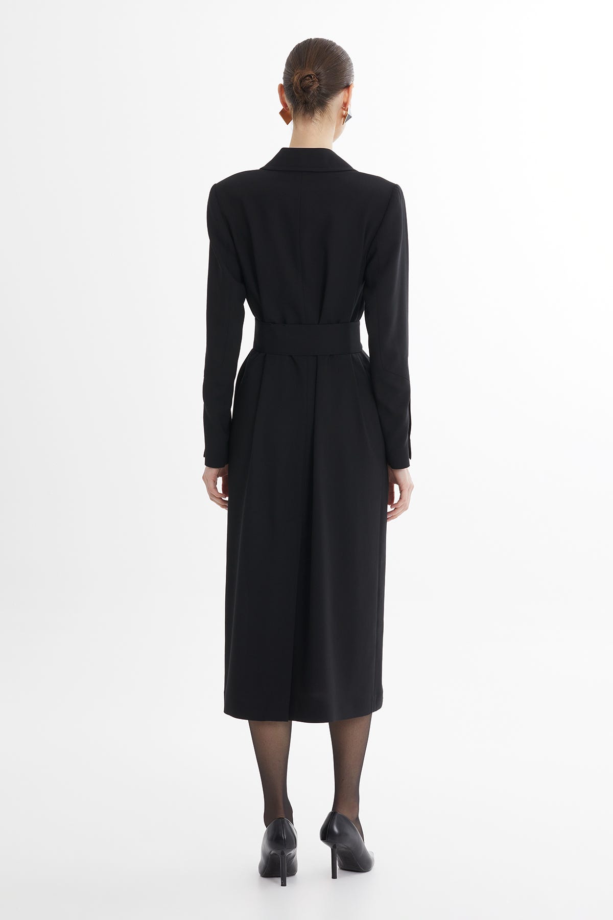 Kuşaklı Yün Karışımlı Siyah Keten Ceket