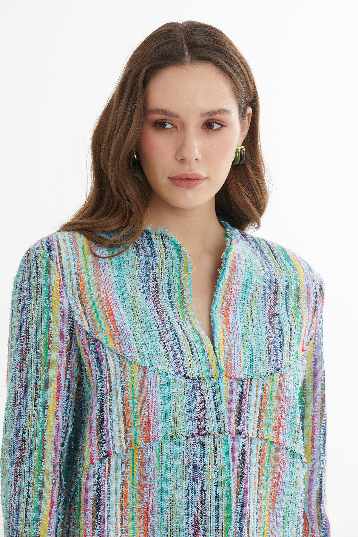 Vatkalı Agraflı Renkli Dokulu Mavi Ceket