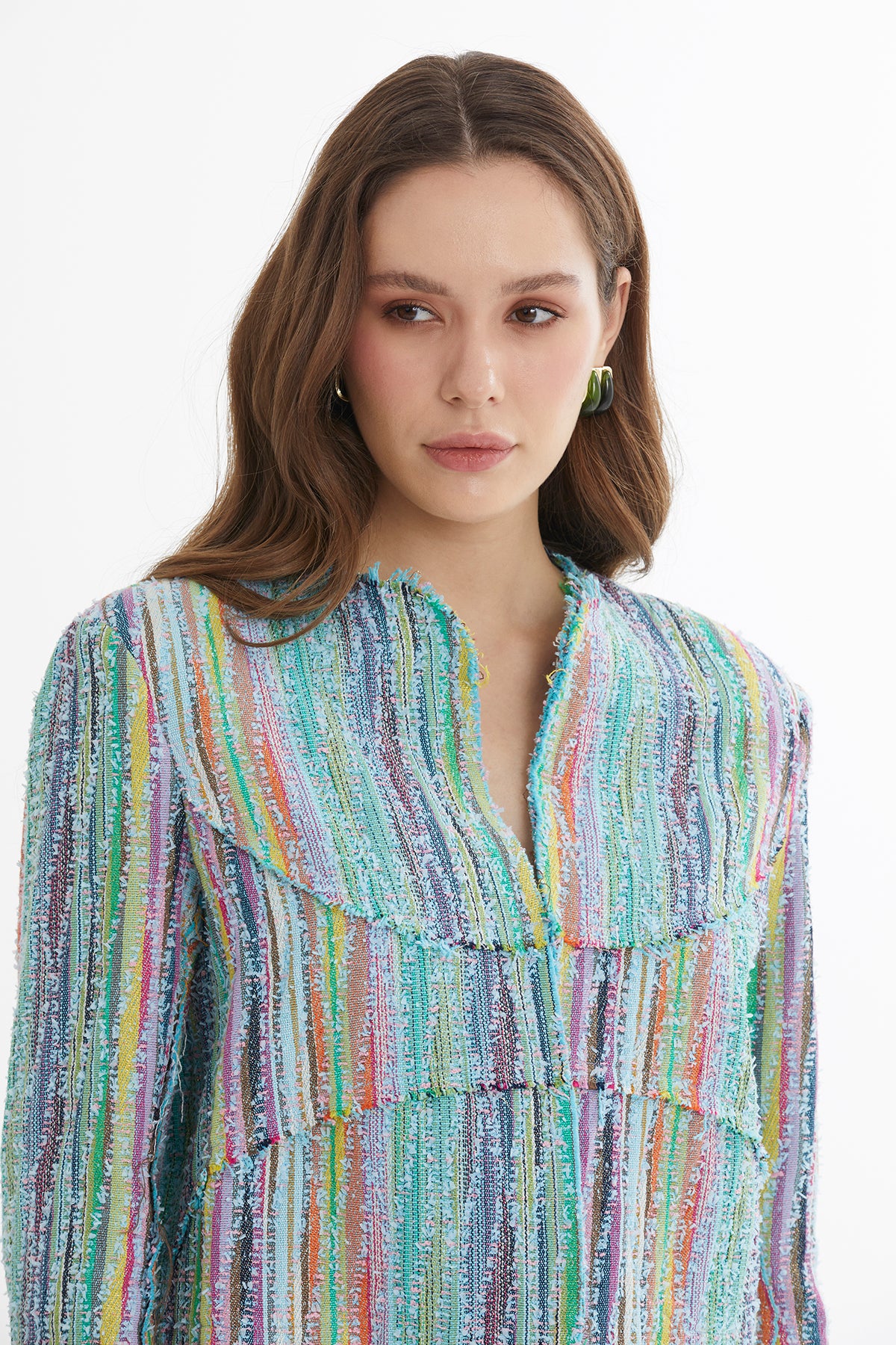 Vatkalı Agraflı Renkli Dokulu Mavi Ceket