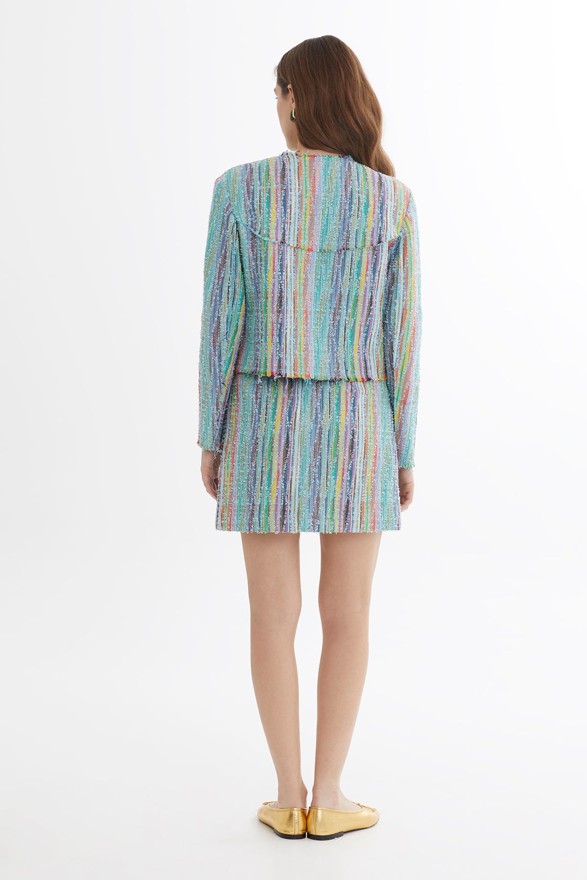 Vatkalı Agraflı Renkli Dokulu Mavi Ceket