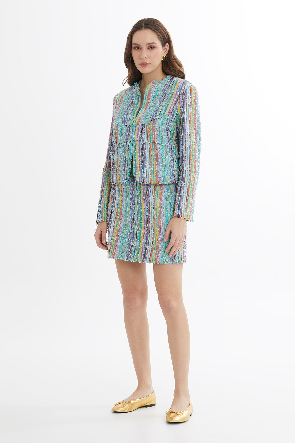 Vatkalı Agraflı Renkli Dokulu Mavi Ceket