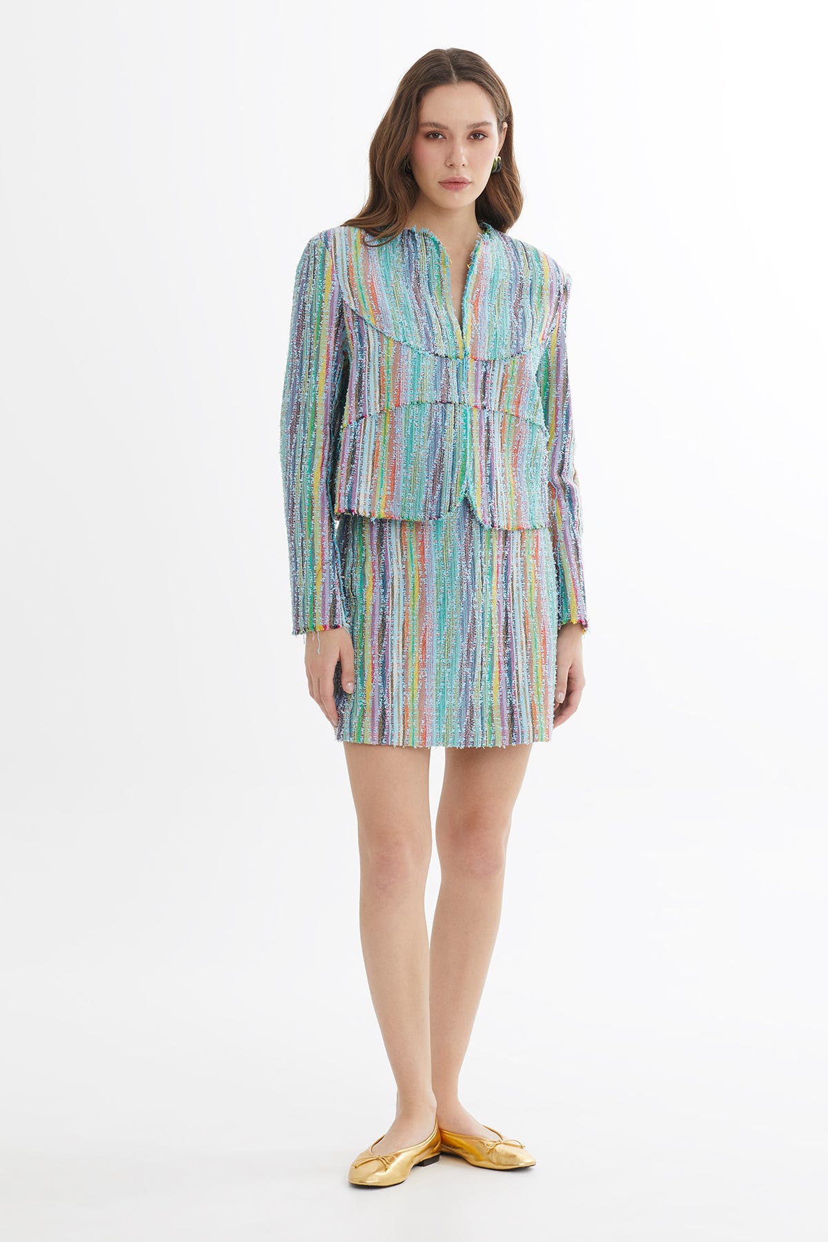 Vatkalı Agraflı Renkli Dokulu Mavi Ceket