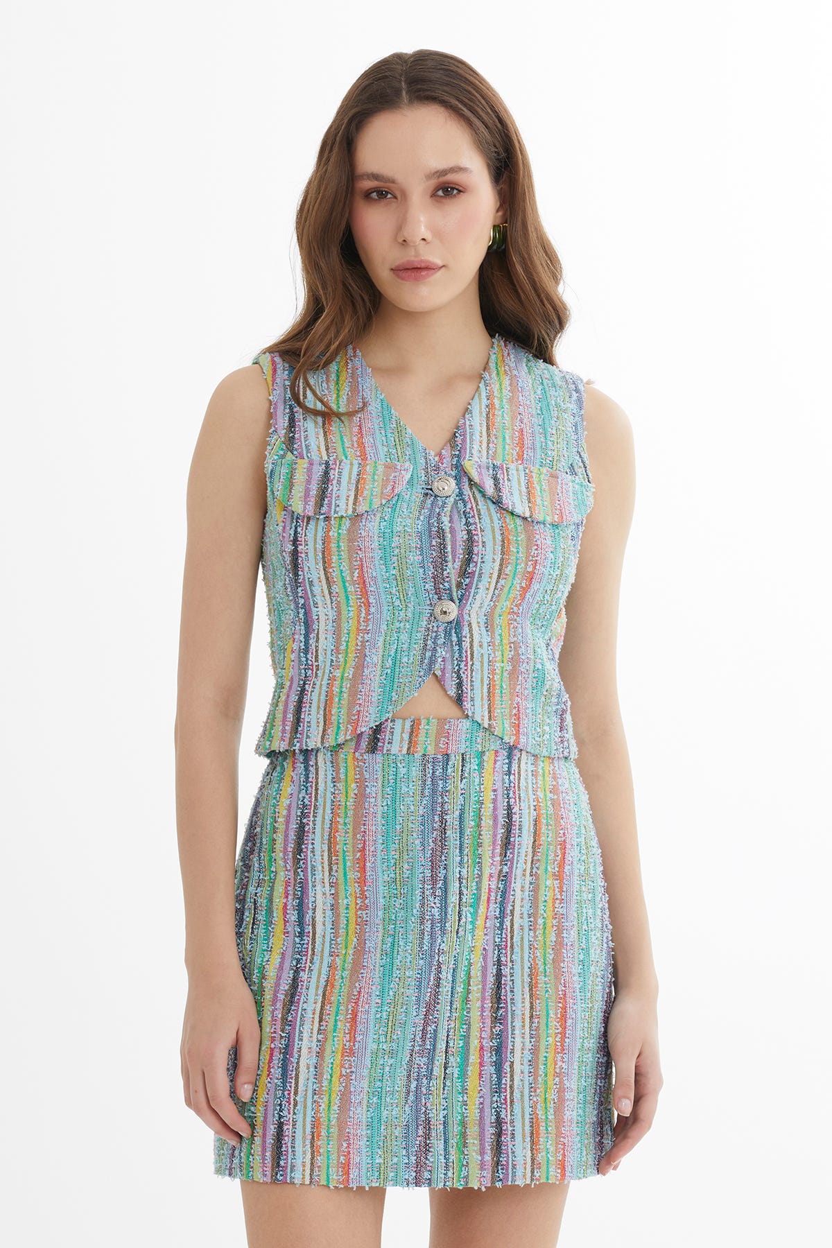 Cep Kapak Detaylı Renkli Dokulu Mavi Yelek