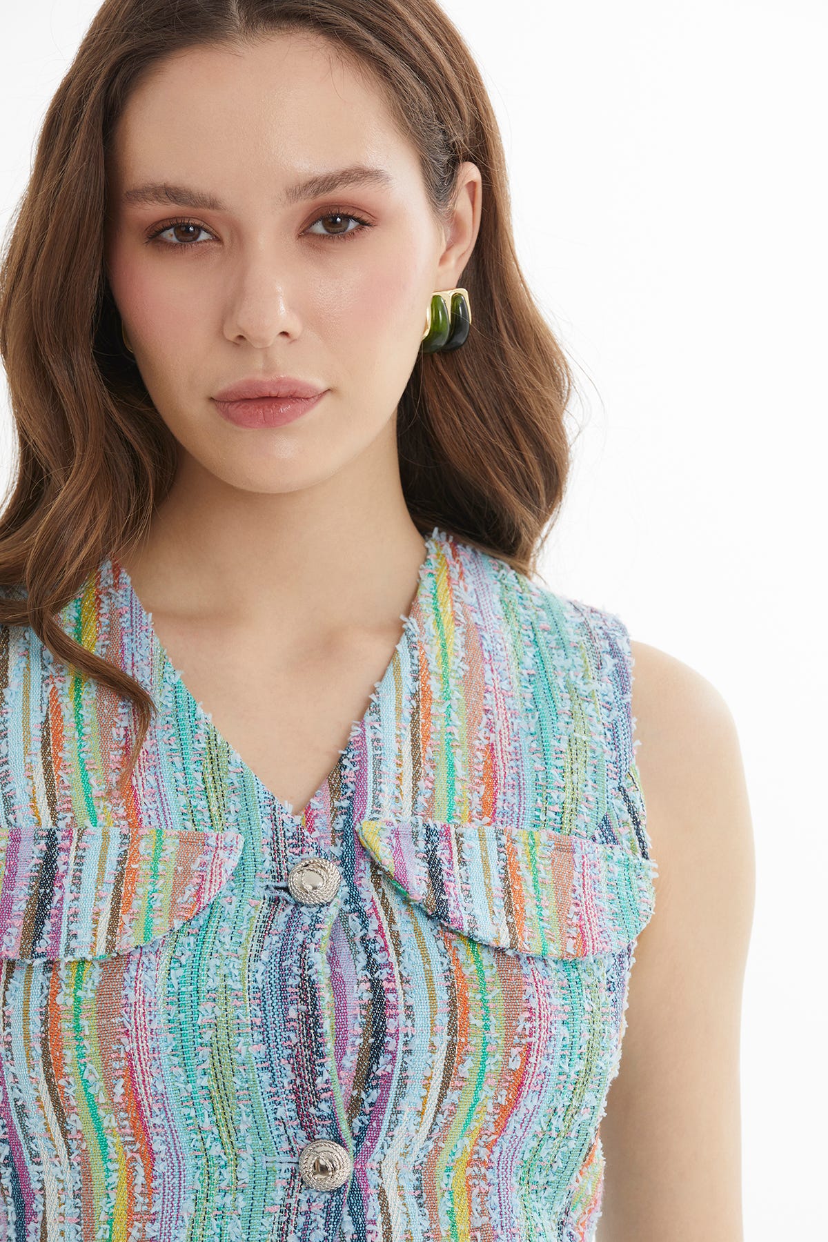 Cep Kapak Detaylı Renkli Dokulu Mavi Yelek