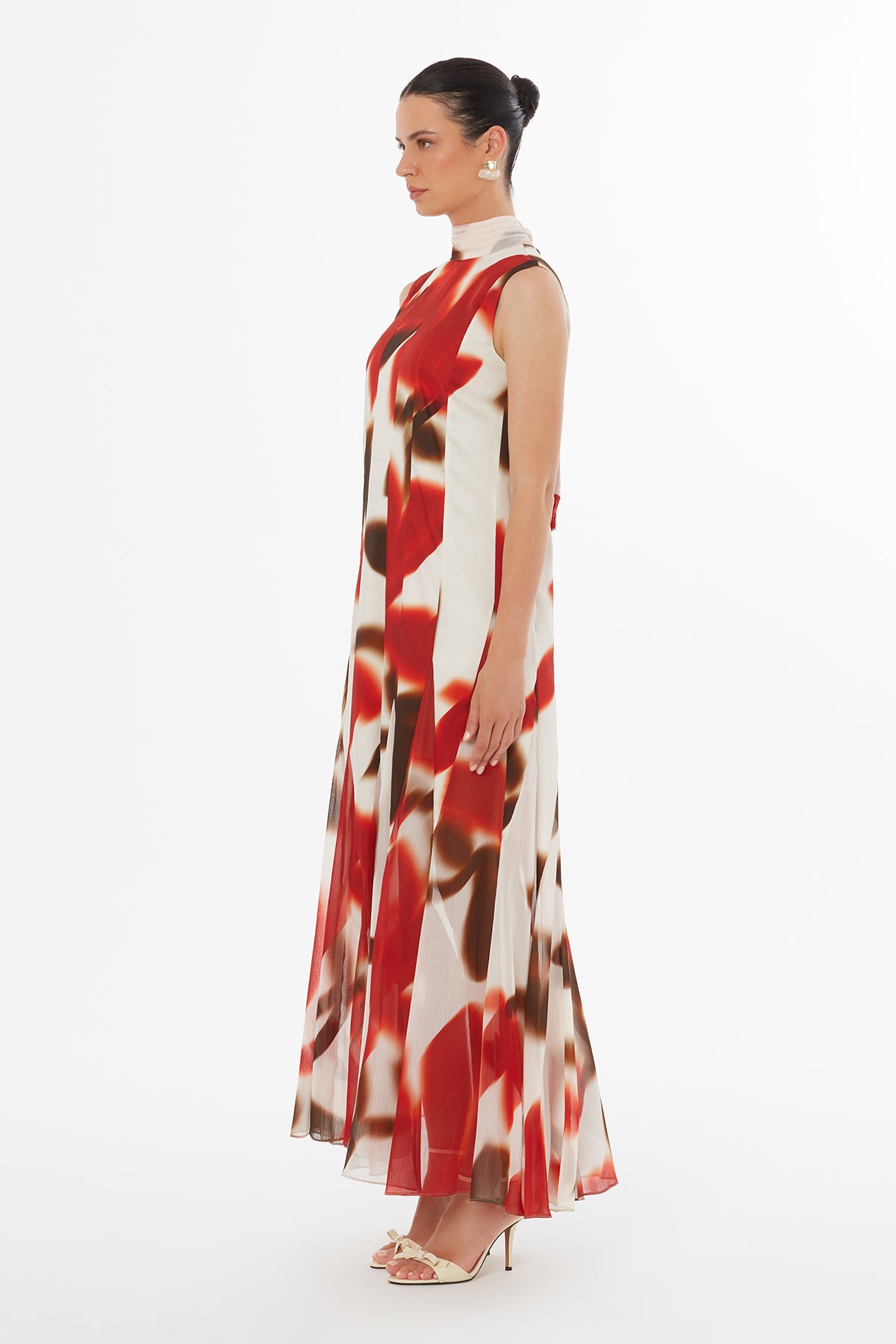 Şal Uçları İşlemeli Desenli Maxi Elbise