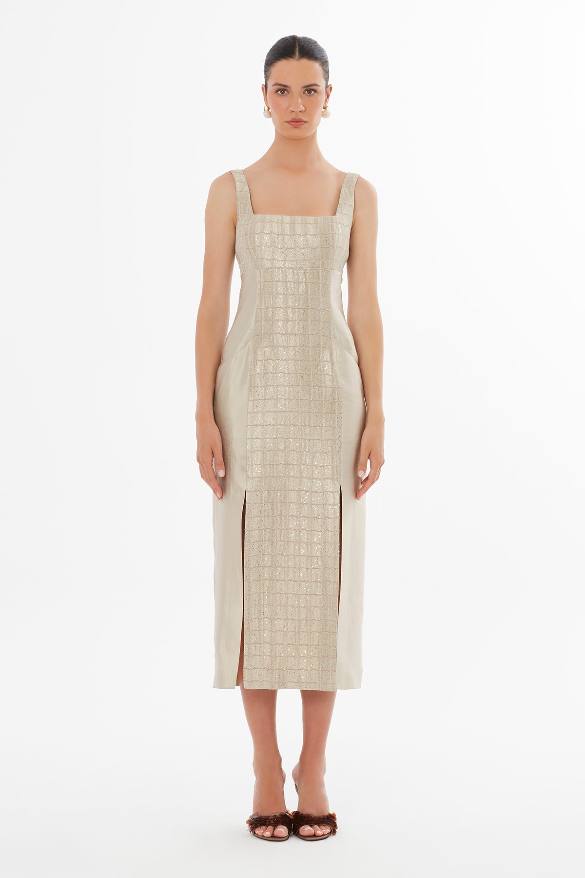 Torba Cepli Kare Yaka Bej Maxi Elbise