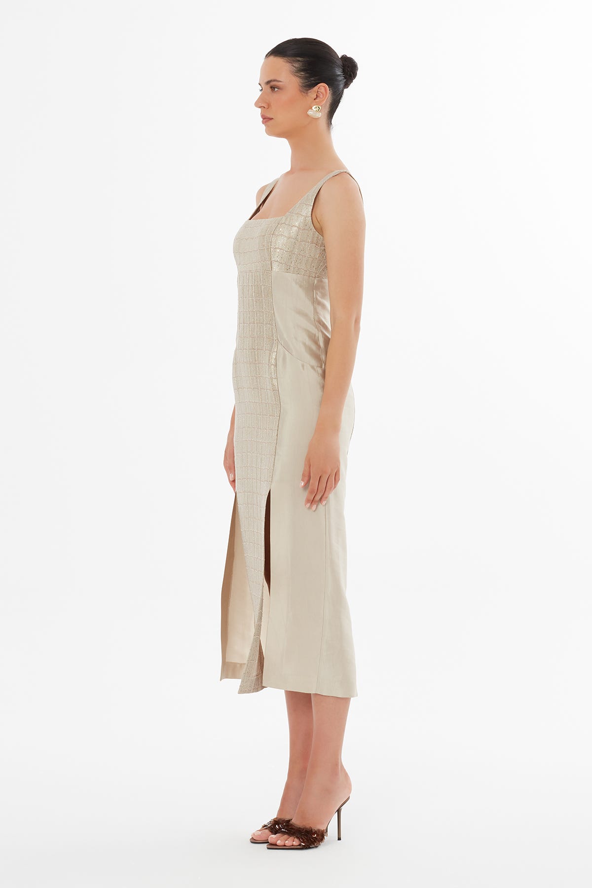 Torba Cepli Kare Yaka Bej Maxi Elbise