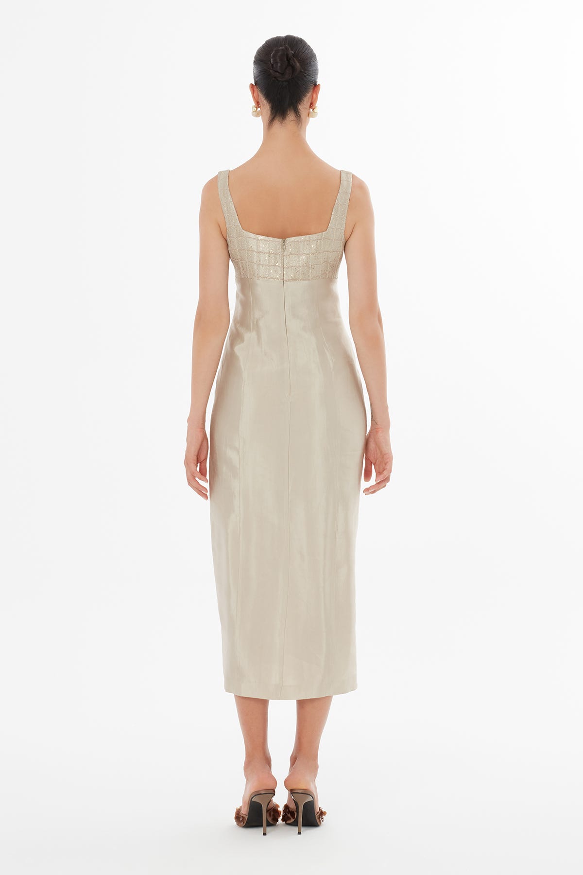 Torba Cepli Kare Yaka Bej Maxi Elbise