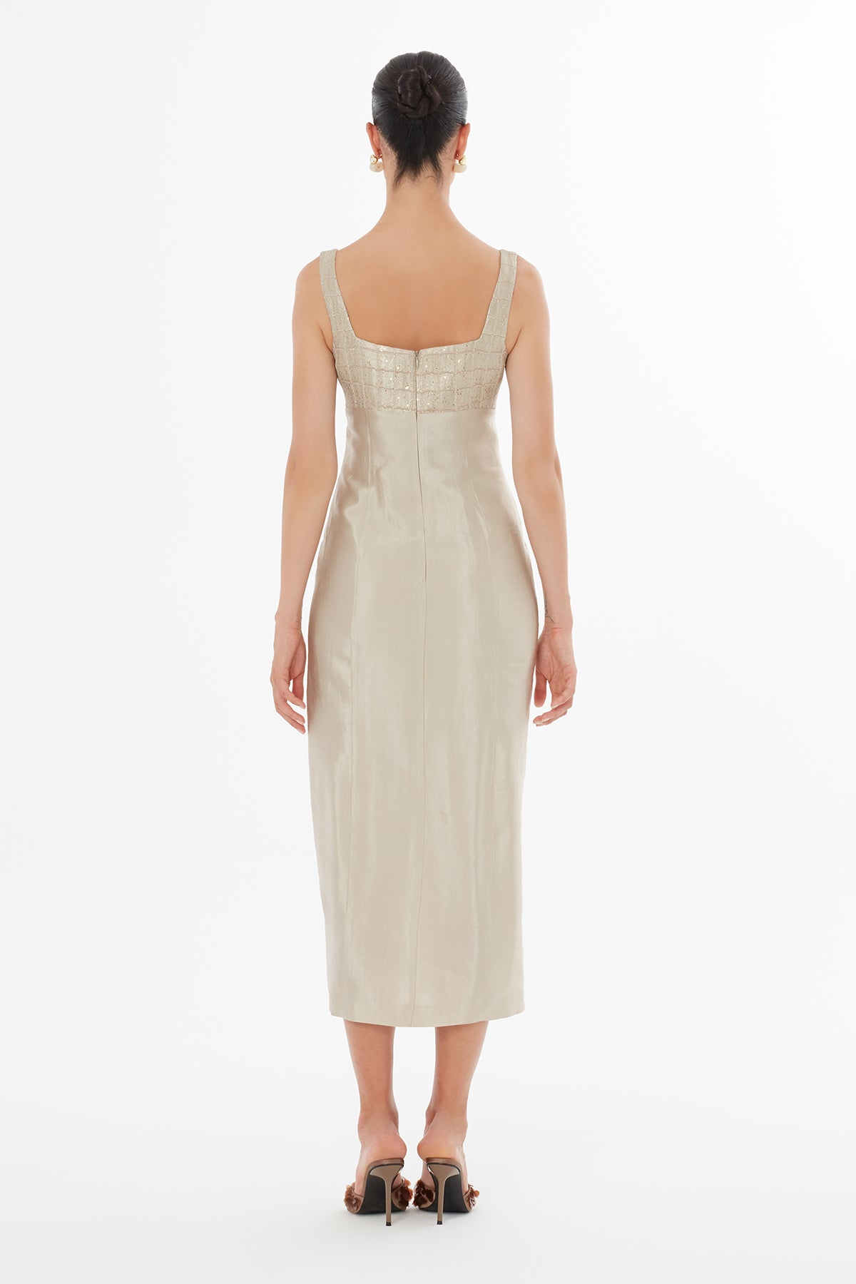 Torba Cepli Kare Yaka Bej Maxi Elbise