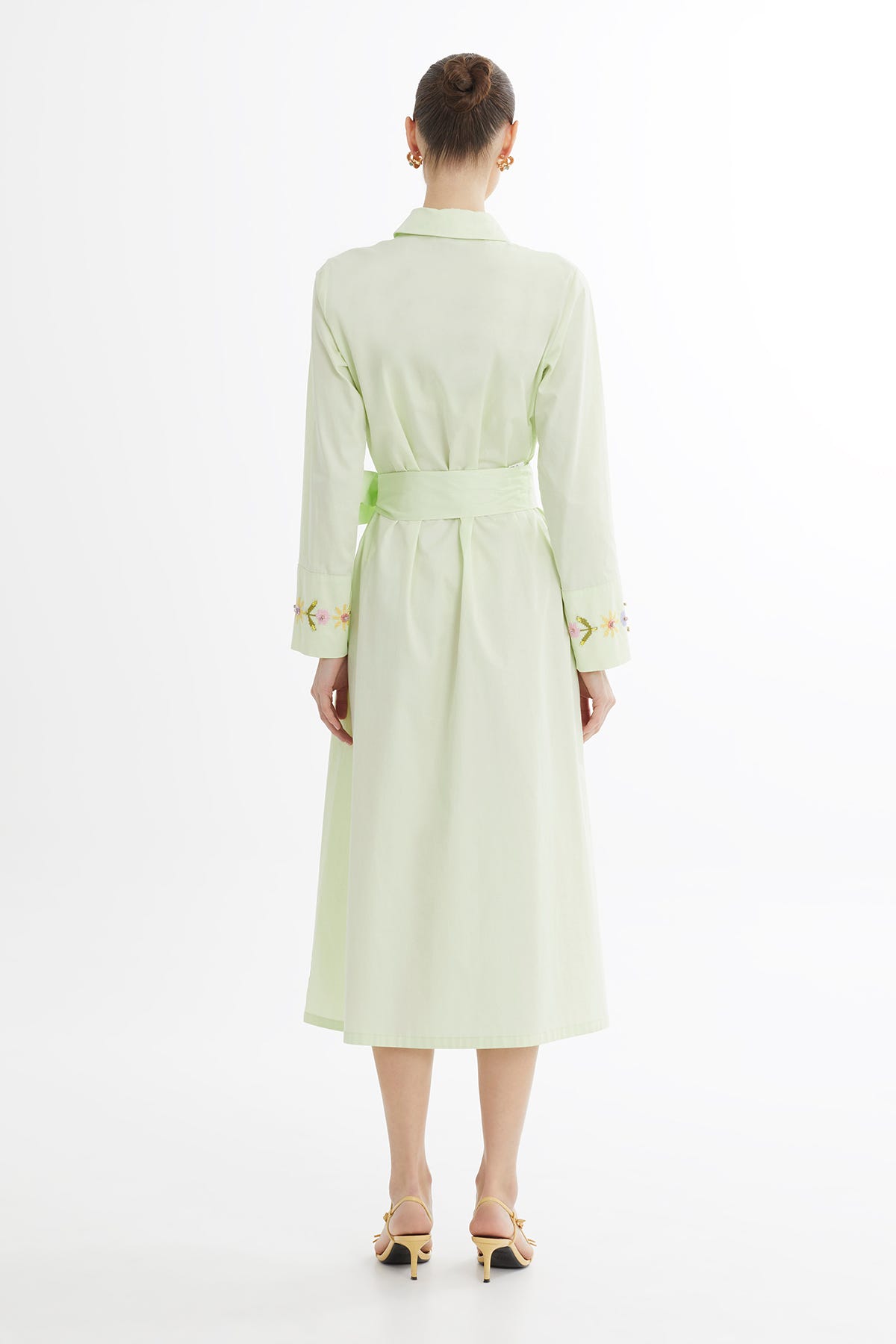 Nakışlı Kuşaklı Yeşil Midi Elbise