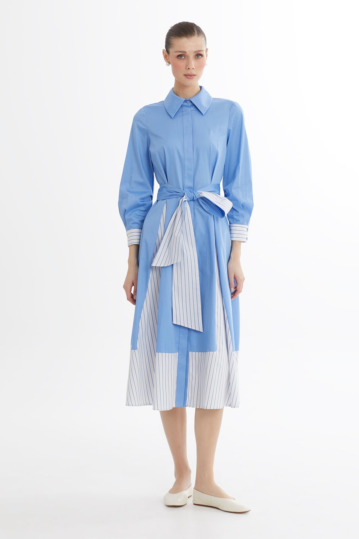 Kuşaklı Gömlek Mavi Elbise