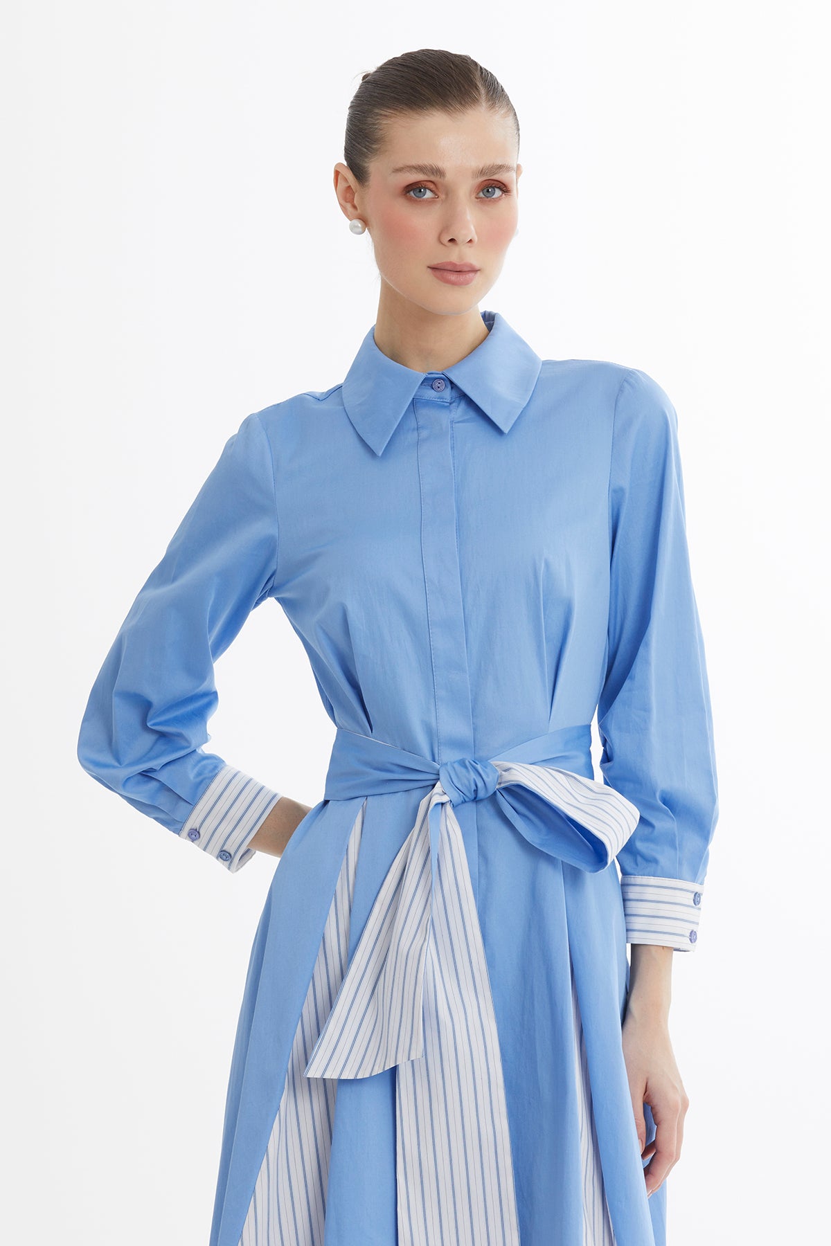 Kuşaklı Gömlek Mavi Elbise