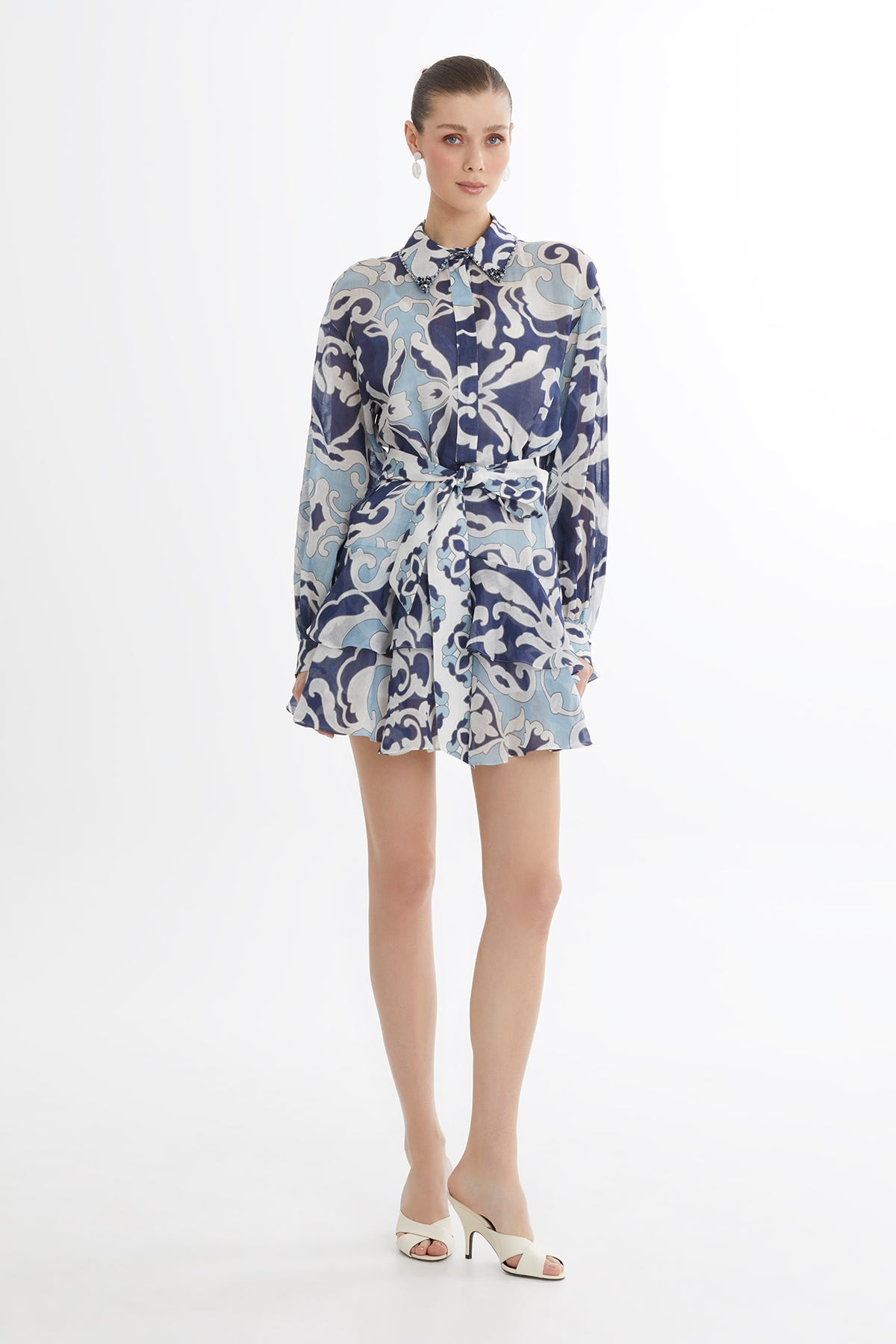 Asimetrik Volan Detaylı Mini Elbise