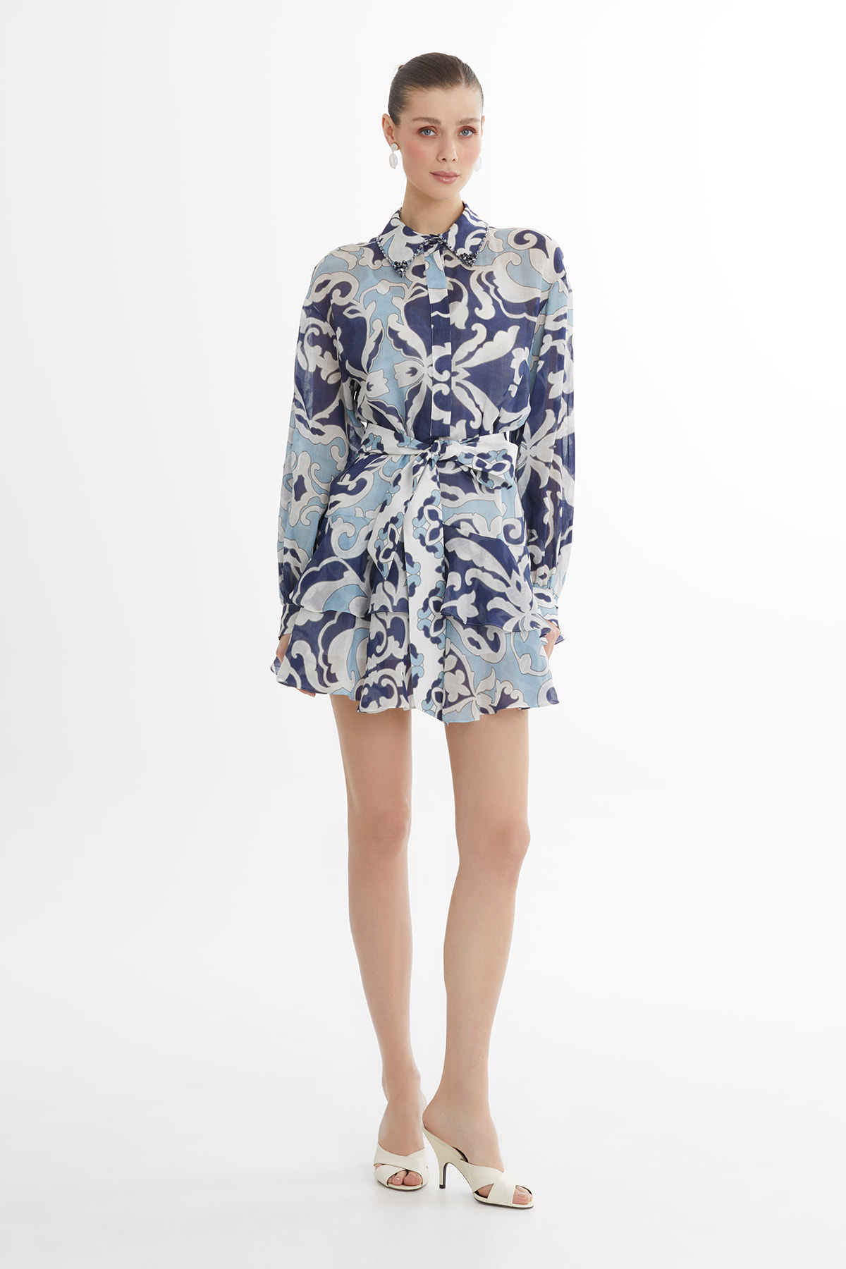 Asimetrik Volan Detaylı Mini Elbise