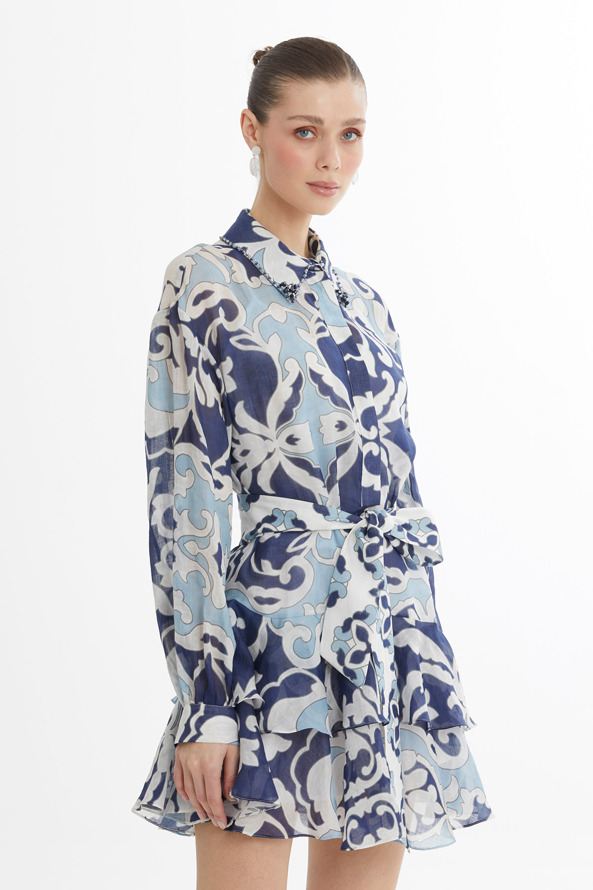 Asimetrik Volan Detaylı Mini Elbise