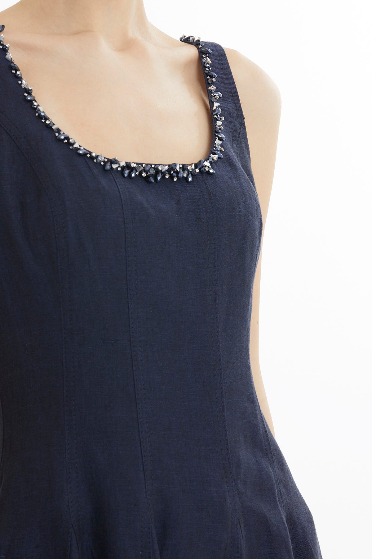 Yakası İşleme Detaylı Keten Lacivert Midi Elbise